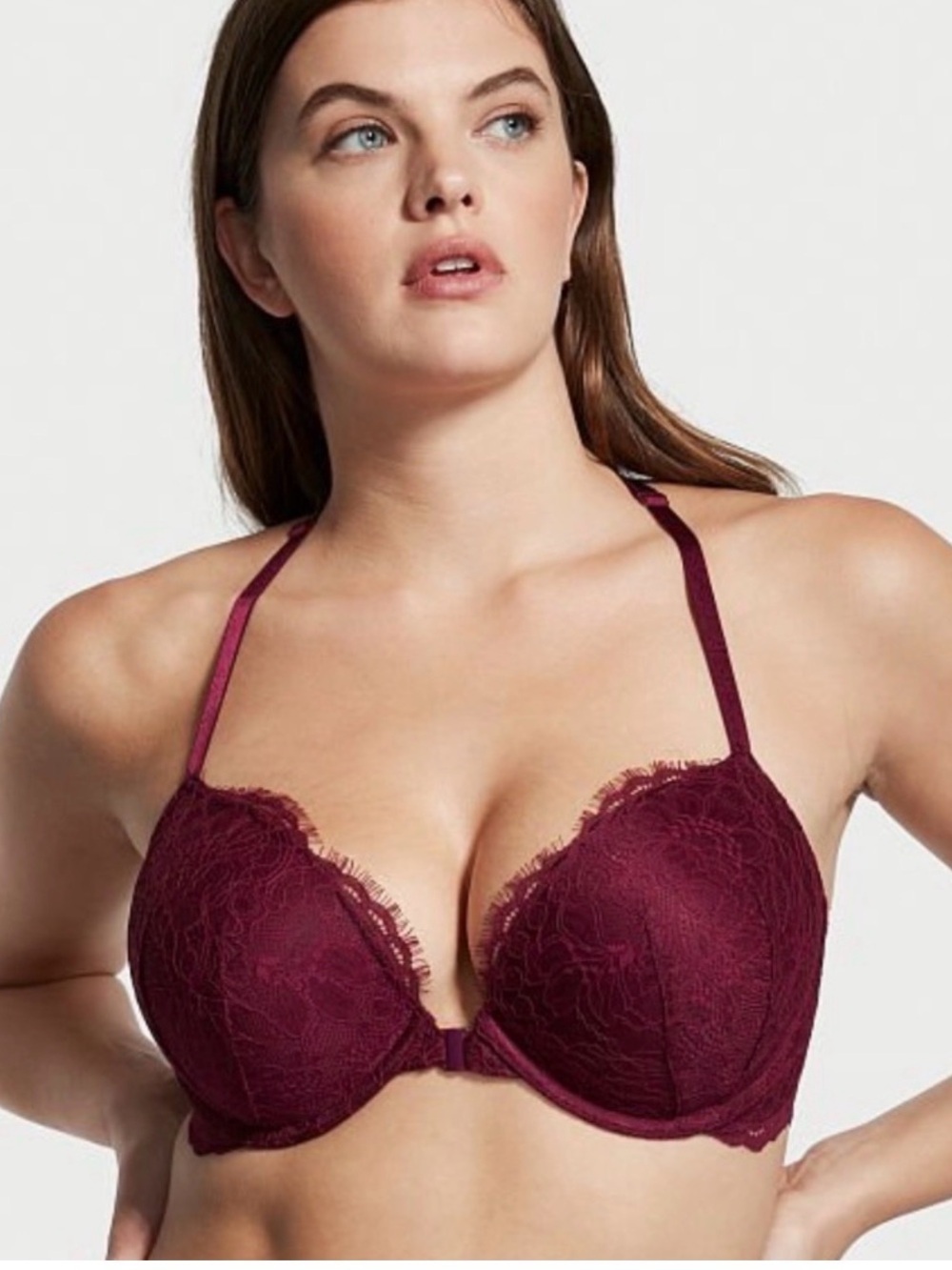 Victoria’s Secret Burgundy Lace Shine Strap Push Up Bra Size 34C